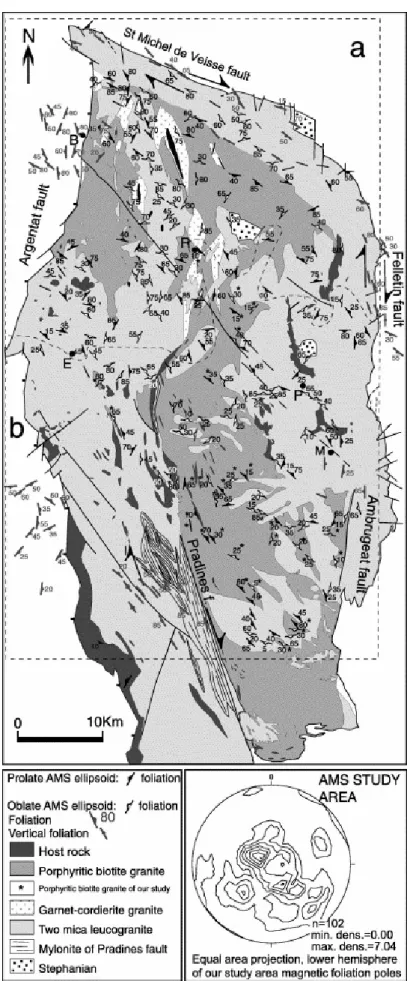 Fig. 9. Magnetic foliations of the Millevaches massif: (a) AMS data from Jover (1986), (b) AMS data from our  study area