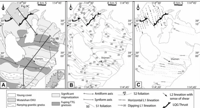 Fig. 6. Structural sketch maps of the northeastern part of the Fuping massif. (A) Geological  map