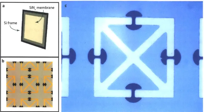 Figure  5.3.  (a)  Schematic  illustration  of  SiNg  substrate  geometry,  showing  silicon  frame  and  SiN, membrane