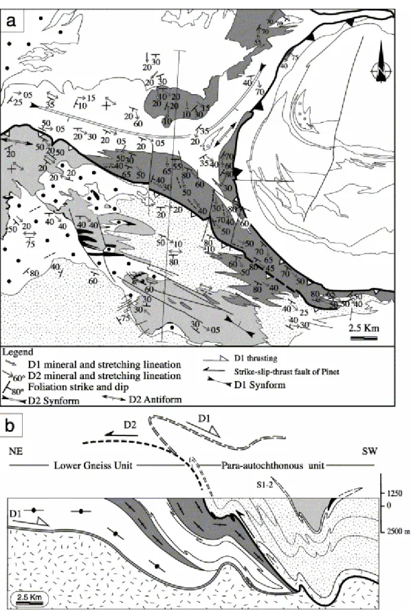 Fig. 2. (a) Structural map of foliations and lineations. (b) Interpretative cross-section of the  Eastern Rouergue area (located on the geological map), showing the succession of the two  deformations