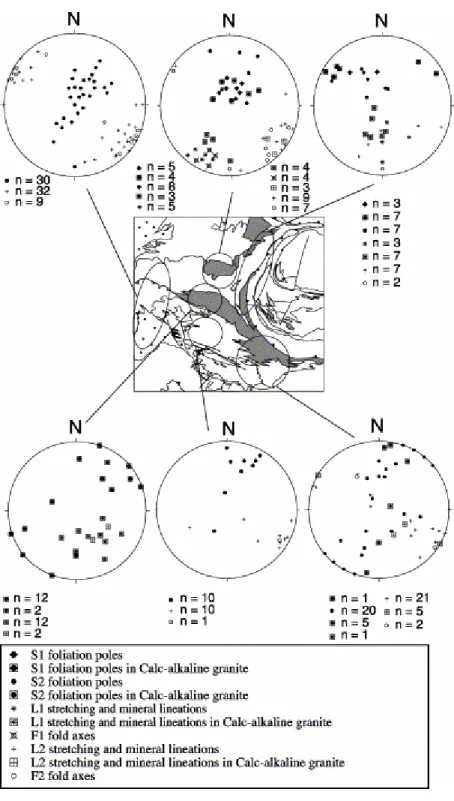Fig. 3. Poles to foliation, fold axes, stretching and mineral lineations of D1 and D2 phases