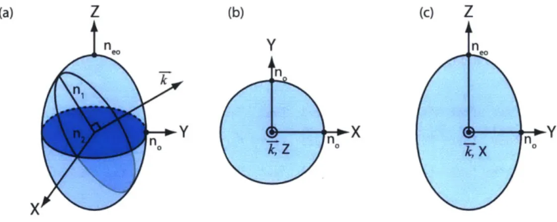 Figure  2-4:  (a)  The index  ellipsoid  for  a material  with  neo  >  no  oriented  along  the principal axes,  X,  Y,  and  Z
