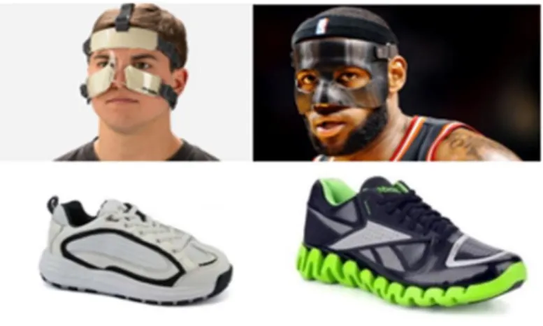 Figure 26 : Masque facial et chaussure conçus pour le contexte d'utilisation de la santé (à gauche) ; Masque facial et  chaussure conçus pour le contexte d'utilisation du sport (à droite) 