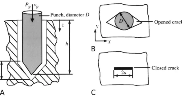 Figure 2-3:  Both  liquid jets  and  sharp-tipped  punches  open  a planar  crack  when  they penetrate  tissue,  as  depicted  in  cross-section  in  (A)  and  from  above  in  (B)