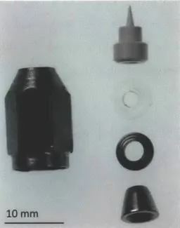 Figure  4-5:  The  threaded cap,  nozzle  ferrules,  and  acrylic  crush  washer that  mounted the  nozzle  to  the  nozzle  arm.