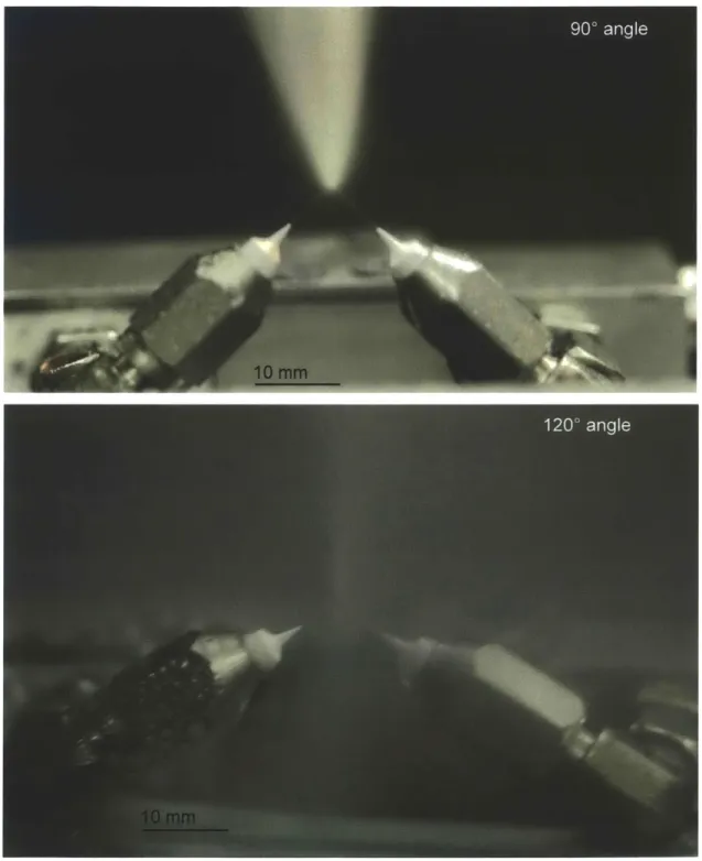 Figure  4-8:  Atomization  created  by  impinging  jets.  The  shape  of  the  mist  plume corresponds  to  the  net  momentum  of  the  mist  after  the  jets  collide