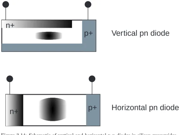 Figure 3-14: Schematic of vertical and horizontal p-n diodes in silicon waveguides.
