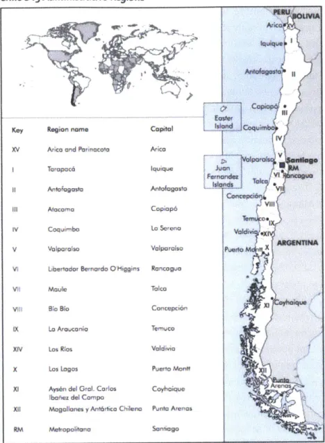 Figure 4: Chile's geography presents inherent challenges. Most of the population is in the center (Regions V,  VI,  VII),  while most of the natural resources are in the north and south (Image from the International Energy Agency 2009)