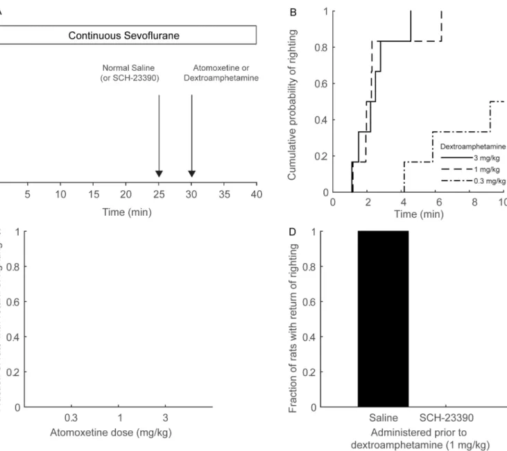 Fig 1. Dextroamphetamine restores righting during continuous sevoflurane general anesthesia, but atomoxetine does not