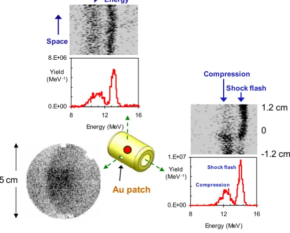 Figure 3  Energy 0.E+008.E+06 8 12 16 Energy (MeV)SpaceYield   (MeV -1) Compression Shock flash 0.E+001.E+07 8 12 16 Energy (MeV)Yield   (MeV -1)Shock flashCompressionAu patch 1.2 cm0 -1.2 cm5 cm Figure 4  0.0E+008.0E+06 6 10 14 Energy (MeV)Yield(MeV-1) 5 