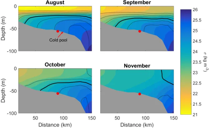 Figure 2-1: Transects of potential density (colored shading) for different climatological months from the MABGOM model output