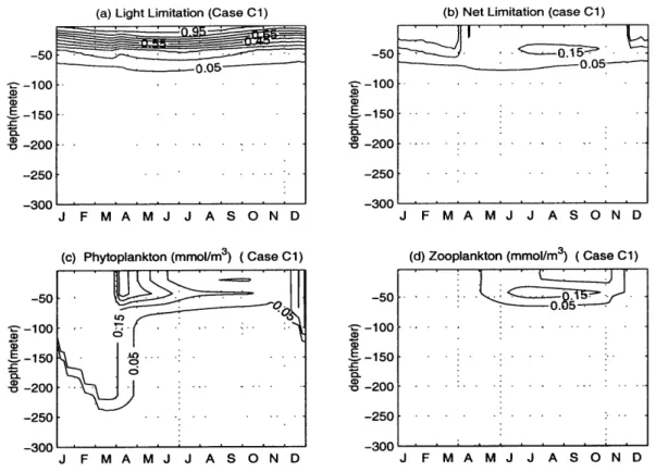 Figure  2-8:  The  depth  and  time  variations  in  Case  C1  of  the  (a)light  limitation function,  (b)the net limitation function,  (c)phytoplankton  and (d)zooplankton  within the  year.