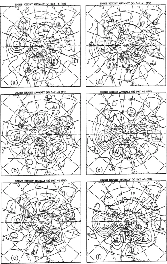 Fig. 4.1.  Composite averaged  300 mb height  anomalies  (m)  for the  first  14 PN cases  on days  (a)  -5, (b) -3,  (c)  -1, (d) +1, (e)  +3, and  (f)  +5  relative  to onset  time.