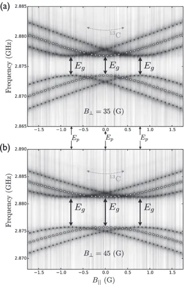 FIG. 3. (a) Experimental setup. (b) The four orientation subensembles of NV centers are shown with an applied magnetic field.