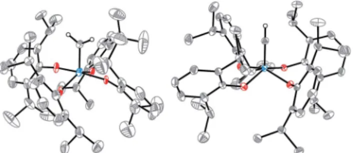 Fig. 1 Molecular structures of (left) [2 ] CH 2 ] and (right) [MePPh 3 ] [2 ^ CH] from single-crystal X-ray di ﬀ raction studies shown with thermal ellipsoids at the 50% probability level