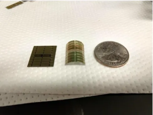 Figure 3-9 Left: 254 um thick chip. Right: 40 um thick chip after substrate etching. 