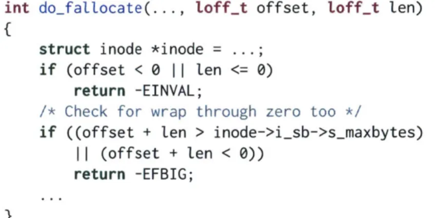 Figure  2-2:  A  signed  integer overflow  check  of fset  +  len  &lt;  0.  The  intention  was to  prevent the  case when  offset  +  Len  overflows  and  becomes  negative.