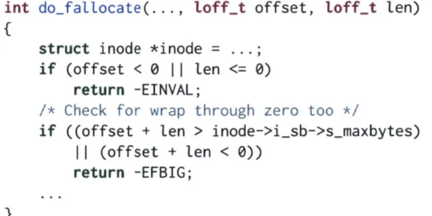 Figure  2-2:  A  signed  integer overflow  check  of fset  +  len  <  0.  The  intention  was to  prevent the  case when  offset  +  Len  overflows  and  becomes  negative.