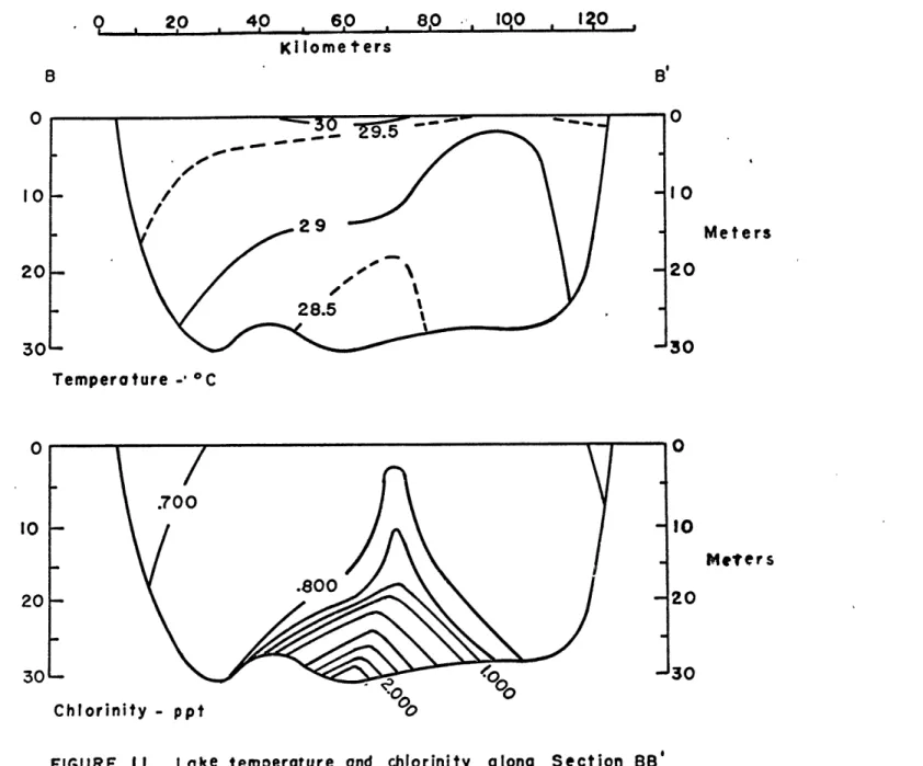 FIGURE  1I.  Lake  temperature  and  chlorinity from  Redfield  et  al  (1955). 0 1O Meters2030 N)Metersalong  Section BB8,0a 1QO , Ig0 ,2030