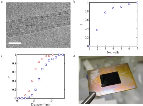 Figure 3. (a) Transmission electron micrograph of a typical multiwall CNT produced via CVD  comprised of 3 walls