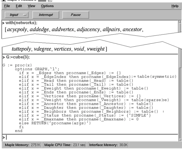 Figure 2.7 : La fenêtre textuelle de X-Maple, et la définition du graphe