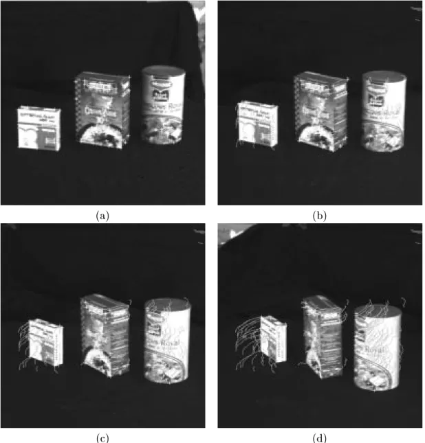 Fig. 1.13: Sequence monoculaire 4: (a) 228 points extraits, 1 re image, (b) 194 points, 20 e image, (c) 161 points, 35 e image, (d) 122 points, 50 e image.