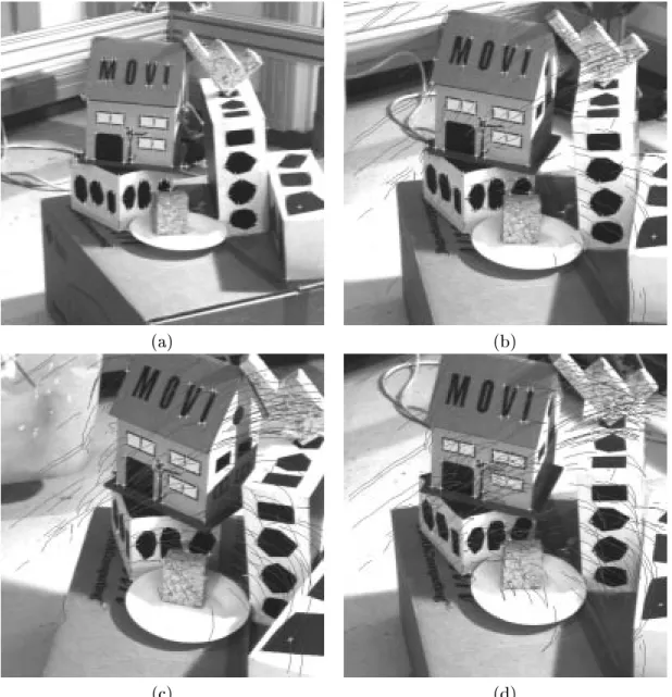 Fig. 1.14: Sequence monoculaire 5: (a) 230 points extraits, 1 re image, (b) 174 points, 10 e image, (c) 100 points, 20 e image, (d) 88 points, 30 e image.