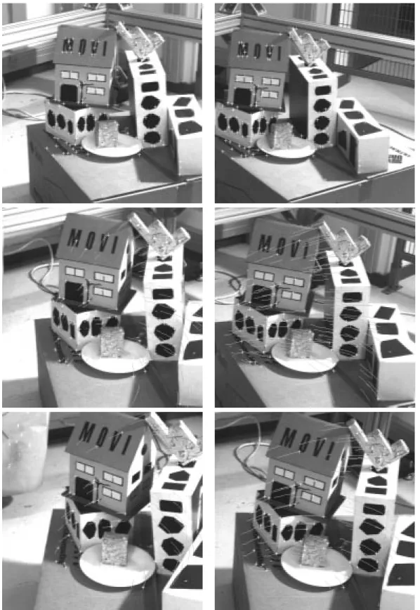 Fig. 1.16: Sequence stereoscopique 1 (correlation ssd , fen^etre de recherche  30 pixels) { 1 re ligne: 176 points extraits et mis en correspondance, 1 re paire d'images { 2 e ligne: 98 points suivis, 10 e paire d'images { 3 e ligne: 72 points suivis, 18 e