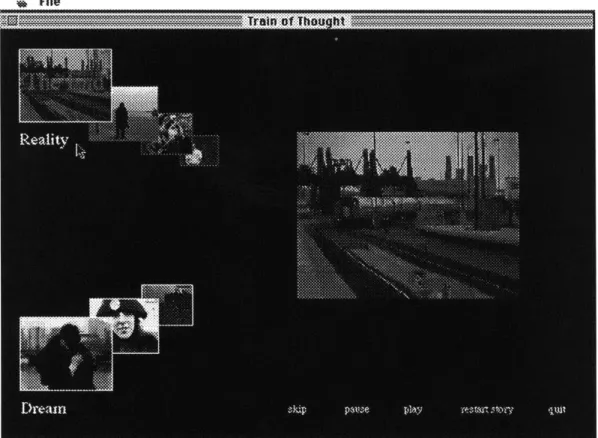 Figure  7 - The interface to  Train  of Thought. The left side of  the screen shows the story  units as they stream off  toward  an imaginary vanishing point