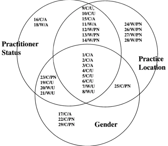 Figure  1. The Venn  diagram  represents  the  15  computer  (C)  and  14  web  (W)  access,(A)  usage  (U),  and  perceived needs  (PN)  differences  distributed  across practice  location,  practitioner status,  and  gender.