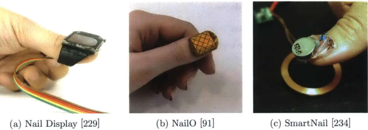 Figure  2-5:  Finger-nail  augmenting  devices:  (a)  a  miniature  display  added  to  the thumb,  (b)  a  touch-senstive  pad  for  2D  cursor  control,  and  (c)  a  radio  controlled vibration  motor.