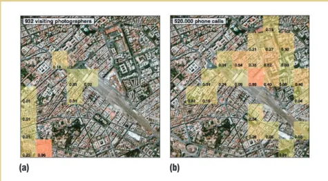 Figure 1a shows the presence of pho- pho-tographers, and Figure 1b depicts the  areas of heavy mobile phone usage by  foreigners