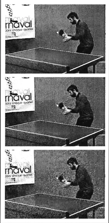 Figure  2.  Tennis  sequence  coded  with  a  constant  bit rate.  (a)  Encoder-based  motion  estimation,  SNR  =  27.3 dB