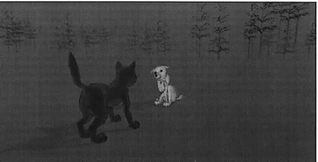 Figure  12:  The white wolf shows  submissive body  language. This sketchy rendering  is used  to display  3D ge- ge-ometry and  updates as the characters  or cameras  move.