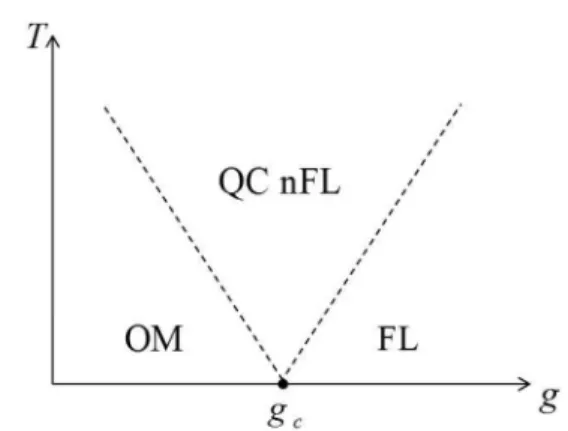 FIG. 2. The schematic phase diagram and crossover structure of an orthogonal metal transition