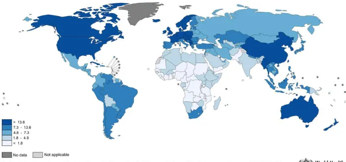 Figure 4. Estimated lung cancer mortality worldwide in 2012, women. 