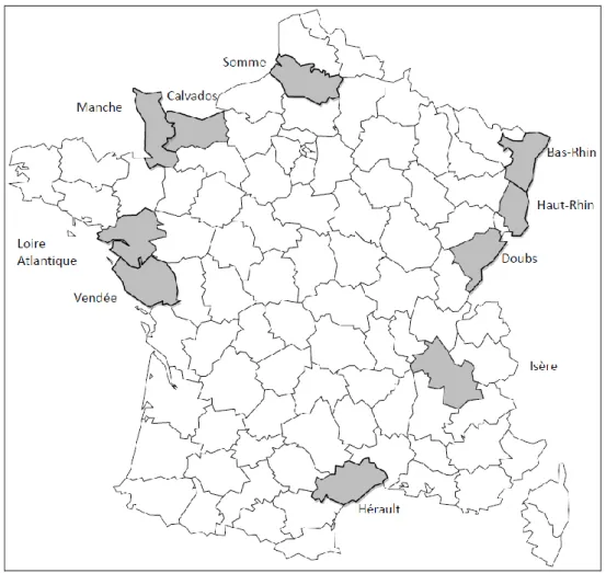 Figure 7. Geographical area covered by the ICARE study (10 départements). 