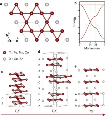 Figure 1 | Crystal structure of binary kagome metals. a, Top view of the kagome plane in binary  kagome metals T m X n 