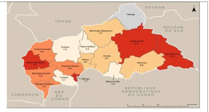 Figure N°3 : Prévalence du VIH selon les provinces en RCA