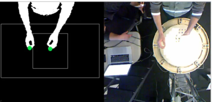 Figure  14:  Image  seen  by  the  depth  camera  pro- pro-cessed  to  extract  gestures  and  same  view  with  RGB camera 