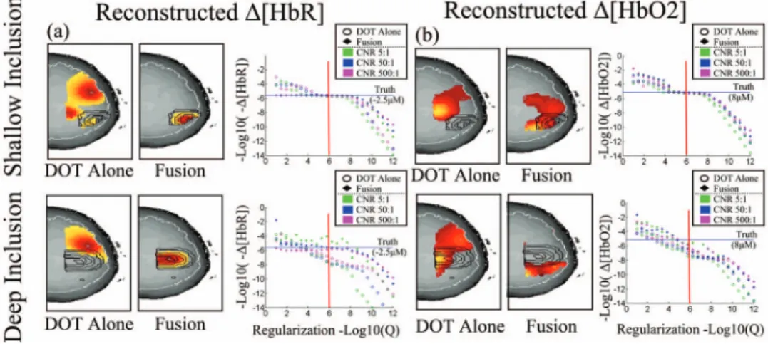 Fig. 4 Characterization of model quantitative accuracy. The quantitative accuracy of the model was examined with observations simulated from a shallow 共 18 mm, toprow 兲 and deep 共 25 mm, bottomrow 兲 inclusion