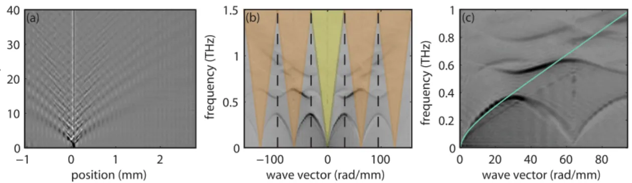 Figure 3. (a) Space – time plot of THz waves generated directly inside a square PhC. The edges of the image are the edges of the photonic crystal