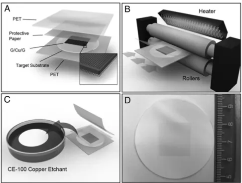 Fig. 1. Schematic diagram of the direct transfer technique via lamination. ( A ) Copper foil with CVD graphene grown on both sides (G/Cu/G) is placed in between the target substrate and the protective paper