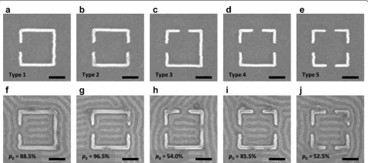 Fig. 3  SEM images of square confinement with openings and the resulting block copolymer patterns