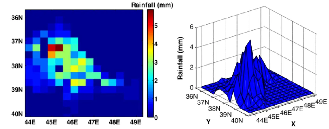 Fig. 11 Disaggregated rainfall (mm) for the East Azarbaijan from a study area of 512 × 512 km 2 to a scale of 64 × 64 km 2 (May 18, 2011)