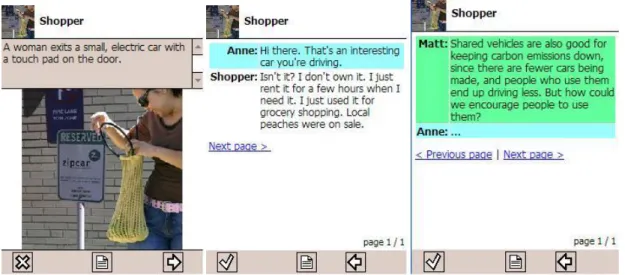 Figure 1 – A sequence in the TimeLab 2100 game.  When players arrive at the Zip Car station  their virtual guides Matt and Anne enter into dialog that describes the social-political and  scientific impacts of practices around shared transportation