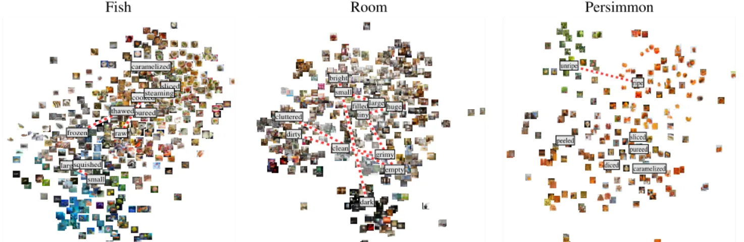 Figure 3. Example categories in our dataset: fish, room, and persimmon. Images are visualized using t-SNE [30] in CNN feature space.