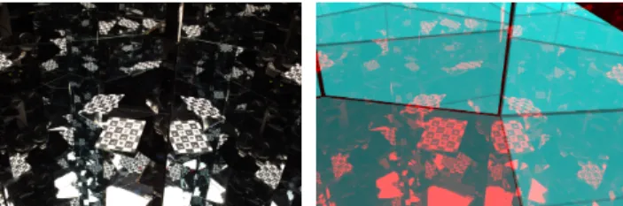 Figure 8. Left: View inside the mirror system that was used for reconstruction. Right: The reconstructed mirrors are super-imposed on the image as attenuating layers