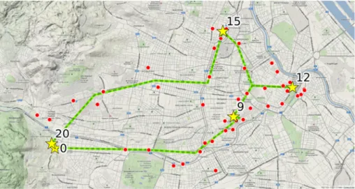 Fig. 3 Reconstruction of trips and visited places. Red dots represent the raw cell locations and the green line is the filtered trajectory