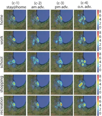 Figure  5  Time-cumulative  spatial  densities  of  home,  work,  and  school  activities  in  the  Chicago  sub-region  by  (a)  students,  (b-1)  regular  workers,  (b-2)  early-bird  workers,  and (b-3) afternoon workers on an average weekday